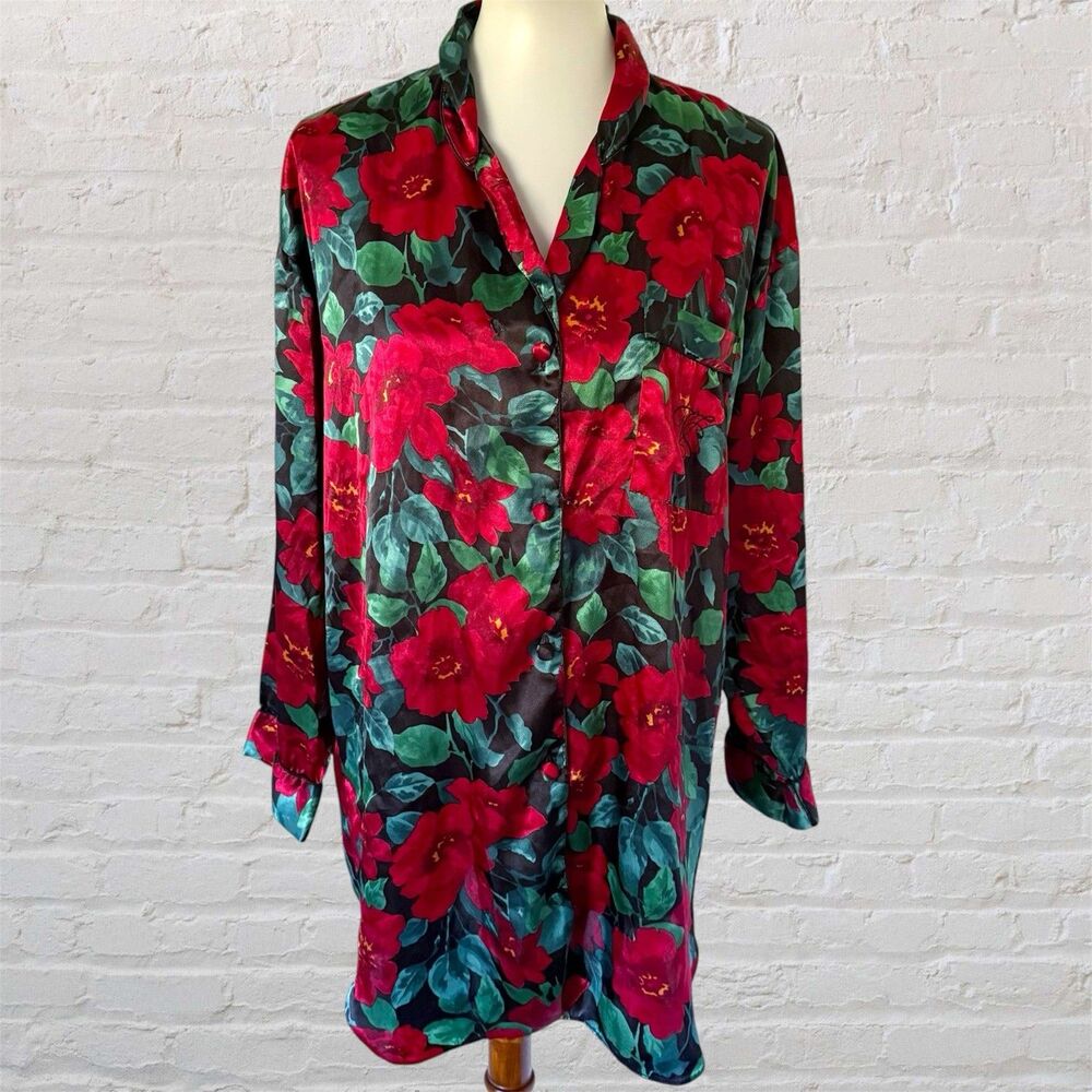 VTG Victoria’s Secret Gold Label Floral Satin Sleep Shirt Pajama Nightgown Med